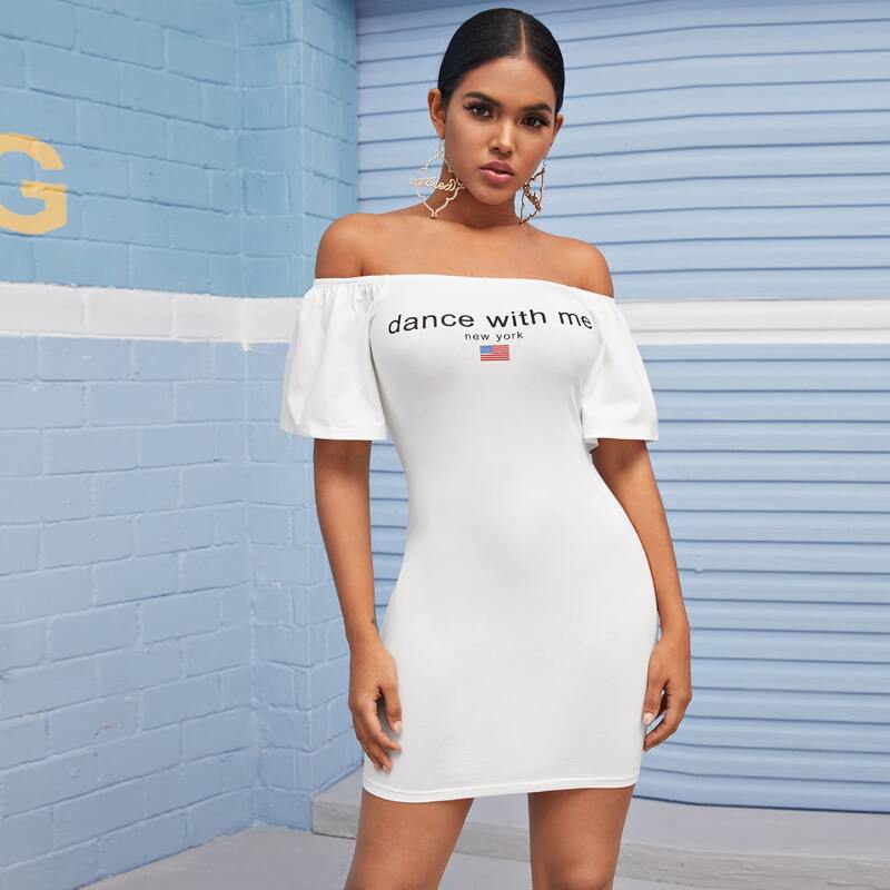 

Slogan Graphic Off Shoulder Dress, White