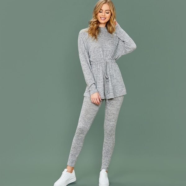 

Drop Shoulder Drawstring Waist Marled Top & Leggings Set, Grey