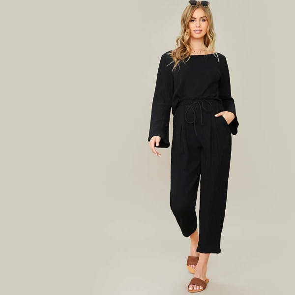 

Solid Top & Drawstring Waist Cropped Pants Set, Black