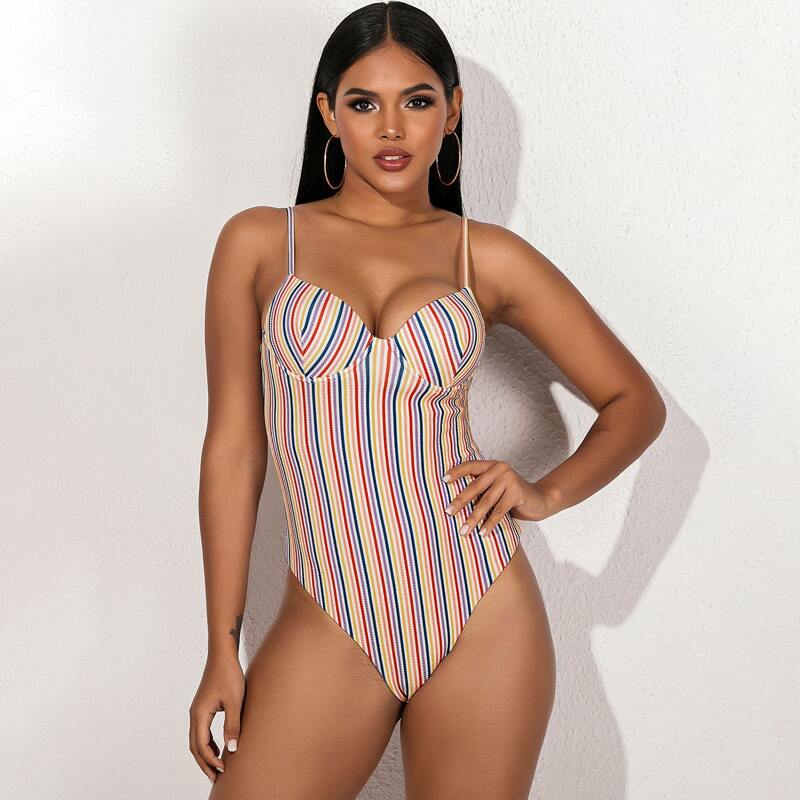 

Colorful Striped Push Up One Piece Swimwear, Multicolor