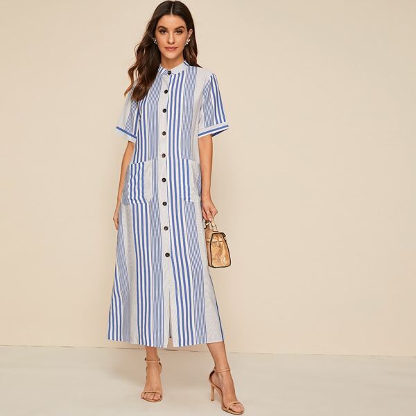 

Double Pocket Striped Shirt Dress, Blue