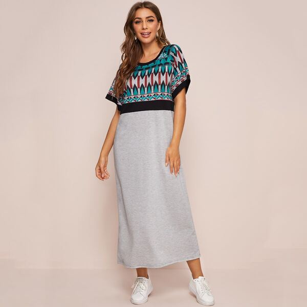 

Geo Print Contrast Panel Tee Dress, Multicolor