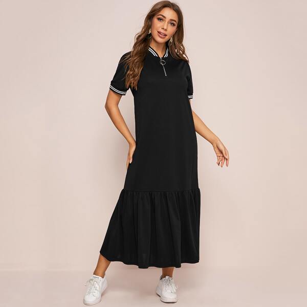 

Contrast Trim Ruffle Hem Zip Front Dress, Black