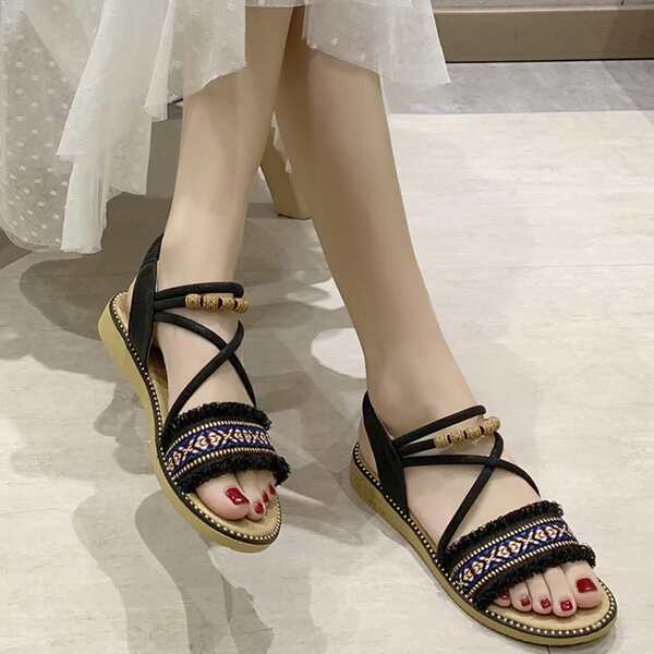 

Tribal Pattern Cross Strap Open Toe Sandals, Black