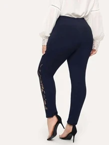 SHEIN Plus Elastic Waist Lace Insert Leggings - Navy Blue - View 2