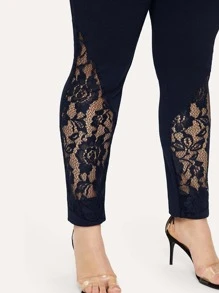 SHEIN Plus Elastic Waist Lace Insert Leggings - Navy Blue - View 3