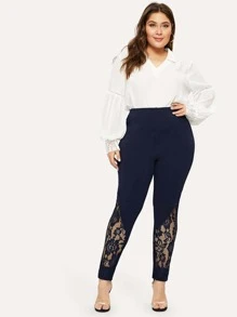 SHEIN Plus Elastic Waist Lace Insert Leggings - Navy Blue - View 4