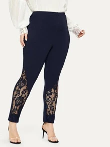 SHEIN Plus Elastic Waist Lace Insert Leggings - Navy Blue - View 5