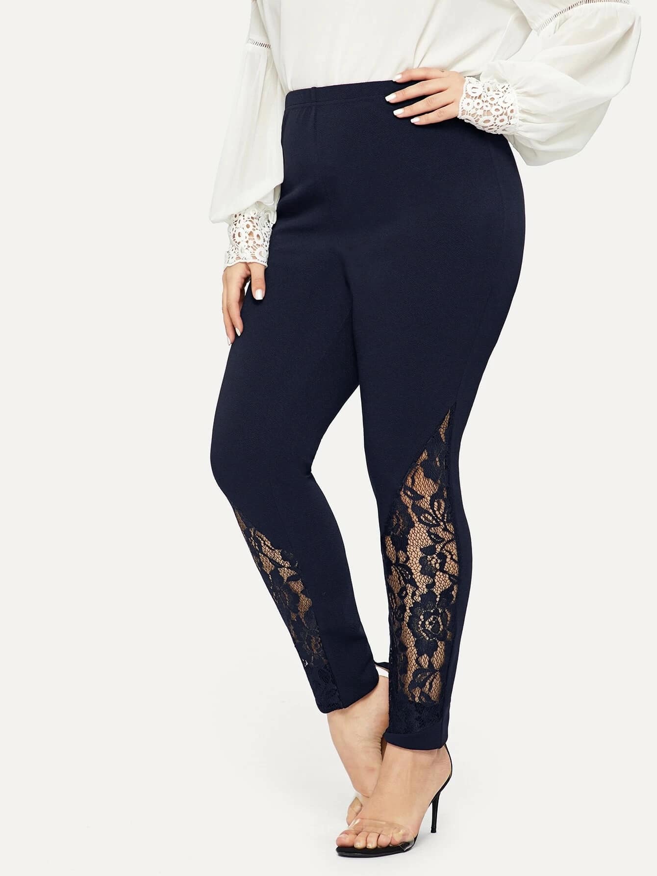 SHEIN Plus Elastic Waist Lace Insert Leggings - Navy Blue - View 1
