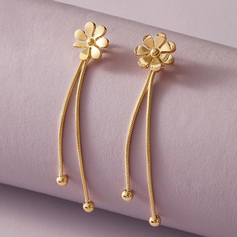

1pair Flower Decor Strip Drop Earrings, Gold