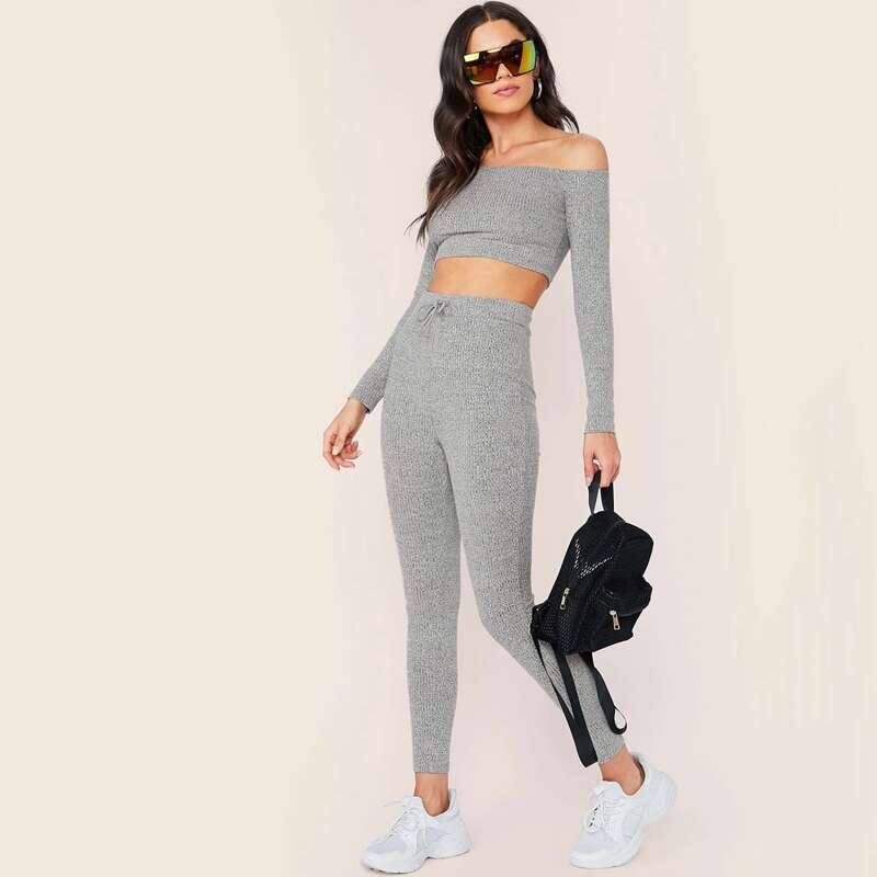 

Ribbed Off-the-Shoulder Crop Top & Leggings Set, Grey