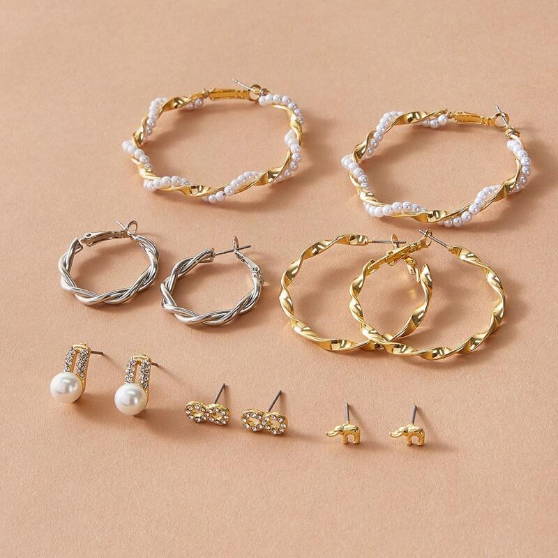 

6pairs Faux Pearl Beaded Spiral Earrings, Multicolor