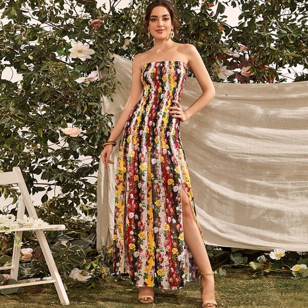 

M-slit Hem Floral Print Shirred Tube Dress, Multicolor