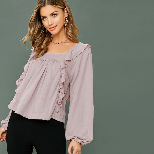 

Bubble Sleeve Ruffle Detail Baby Doll Top, Purple