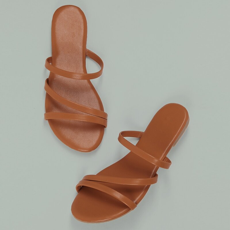 

Open Toe Strappy Flat Slide Sandals, Brown