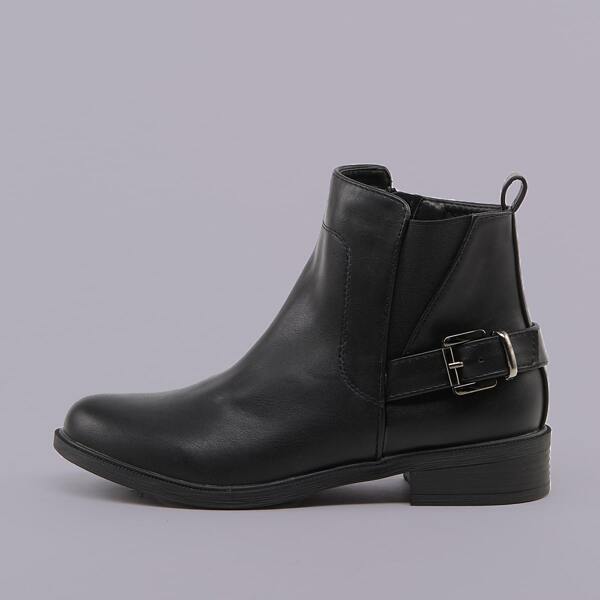 

Side Buckle Almond Toe Flat Chelsea Booties, Black