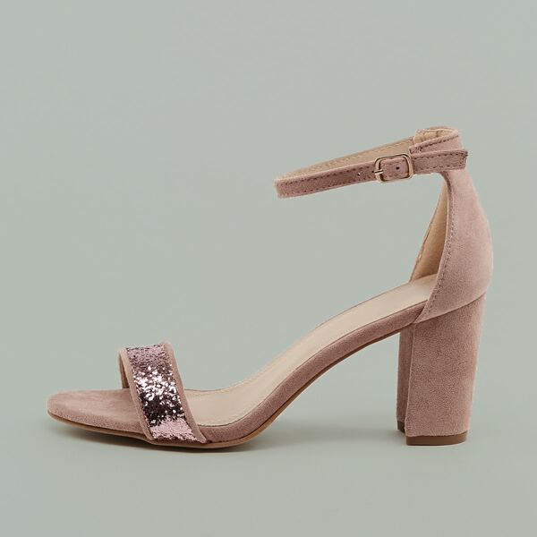 

Ankle Strap Glitter Detail Block Heel Sandals, Pink