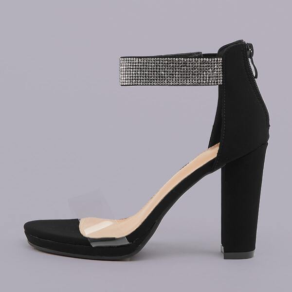 

Clear Band Crystal Ankle Strap Chunky Heel Sandals, Black