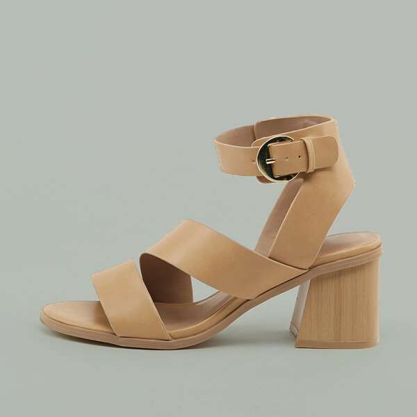 

Buckled Ankle Open Toe Block Heel Sandals, Khaki