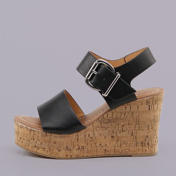 

Buckled Ankle Open Toe Platform Wedges, Black
