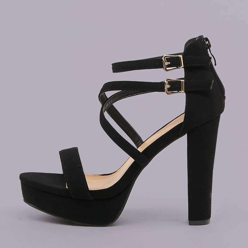 

Open Toe Strappy Platform Chunky Heel Sandals, Black