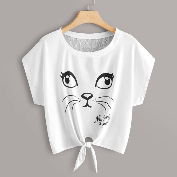 

Plus Cartoon & Letter Graphic Contrast Lace Tee, White