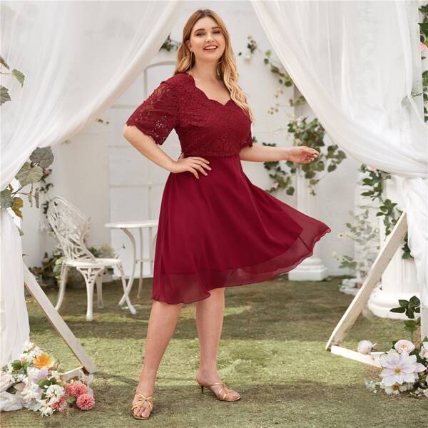 

Plus Scallop Lace Bodice A-line Dress, Burgundy