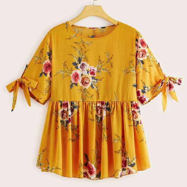 

Plus Knotted Cuff Floral Print Smock Top, Yellow