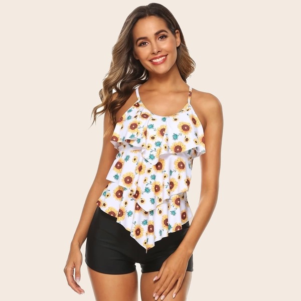 

Sunflower Random Print Tiered Layer Bikini Swimsuit, Multicolor