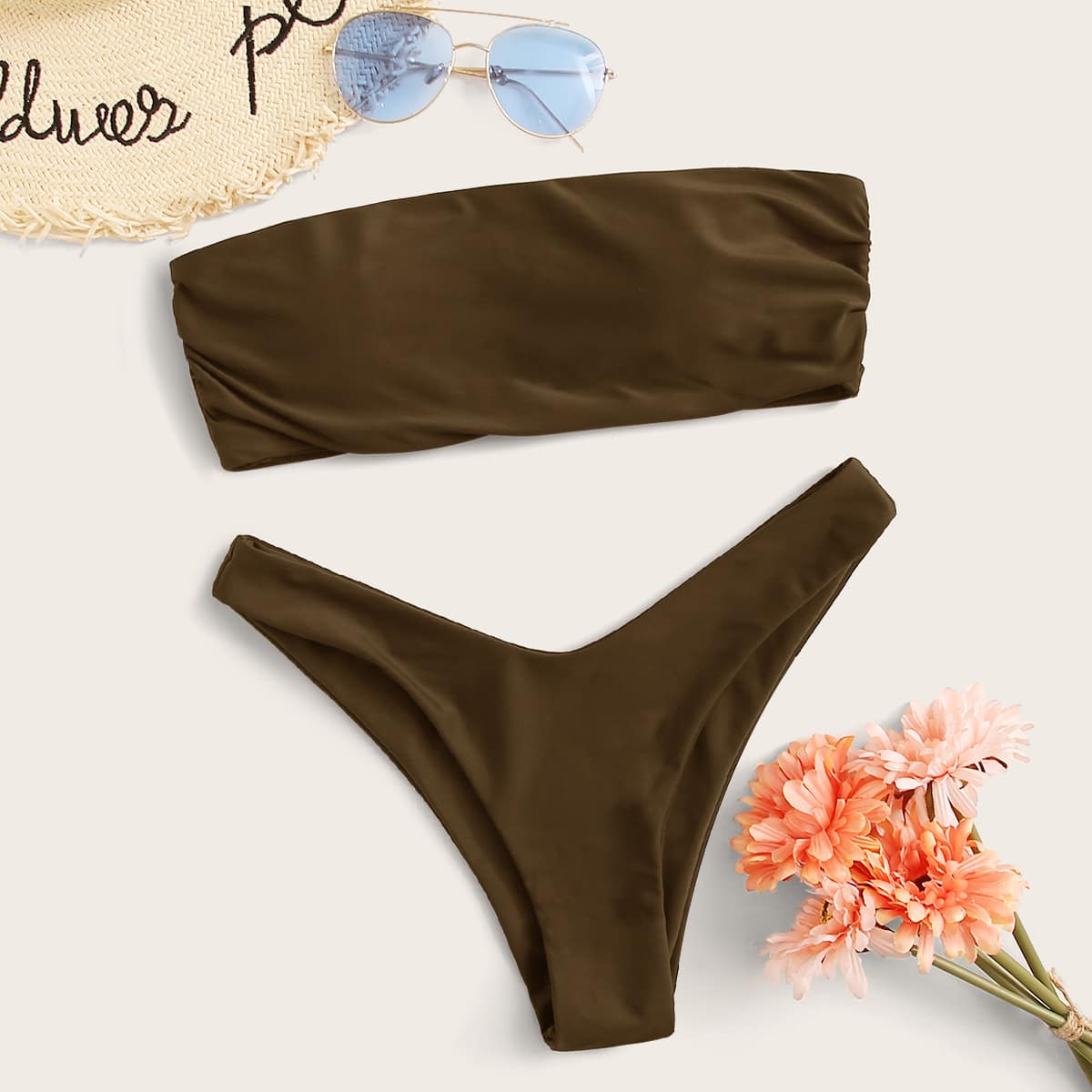 

Bandeau High Cut Bikini Bikini Swimsuit, Brown