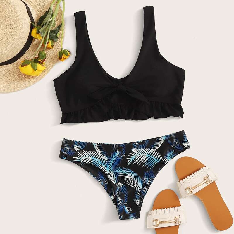 

Tropical Ruffle Trim Bikini Swimsuit, Multicolor