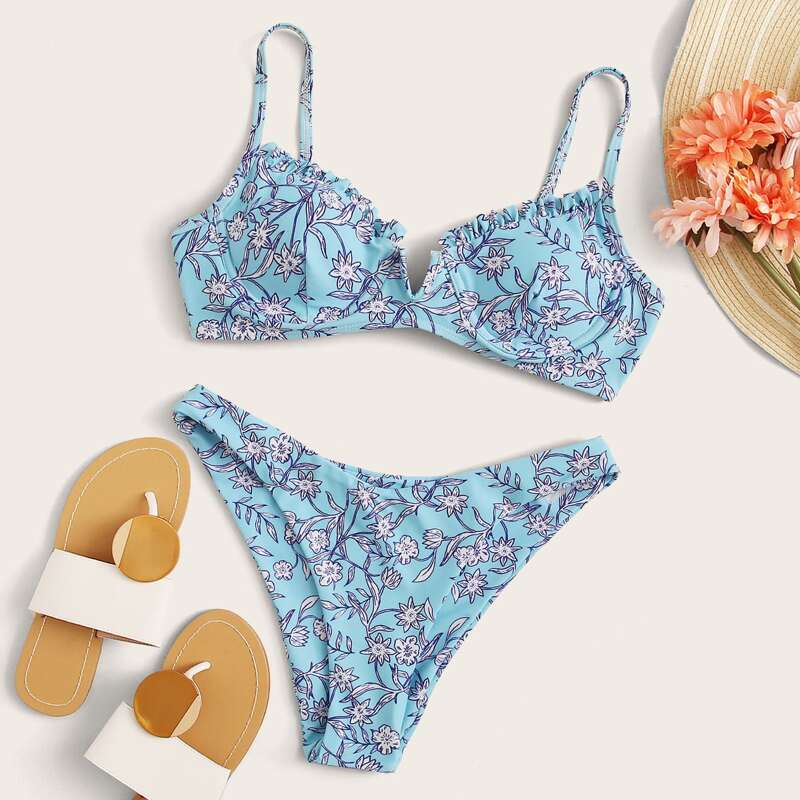 

Floral Print Push Up High Cut Bikini Swimsuit, Blue