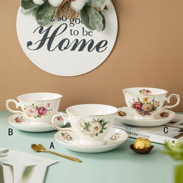 

1pc Flower Print Cup & Saucer, Multicolor