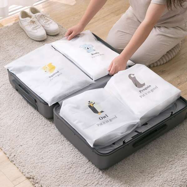 

1pc Cartoon Animal Print Travel Storage Bag, White