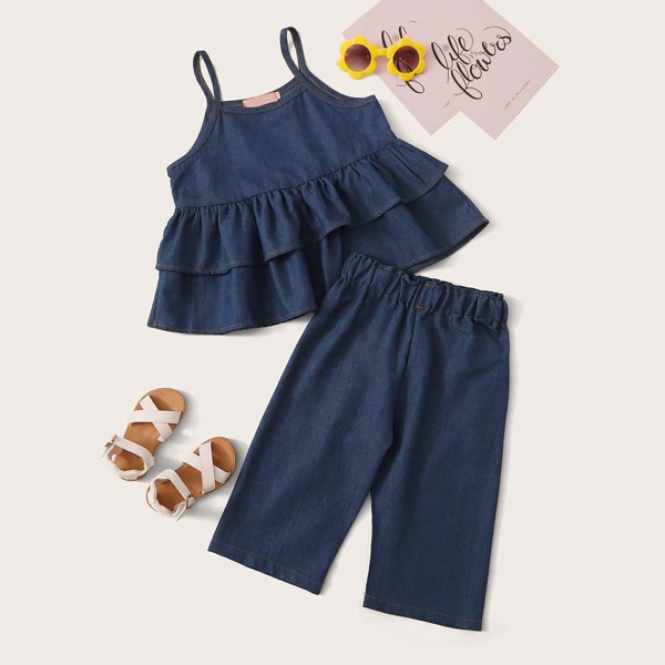 

Toddler Girls Layered Ruffle Hem Cami Top & Pants, Navy blue