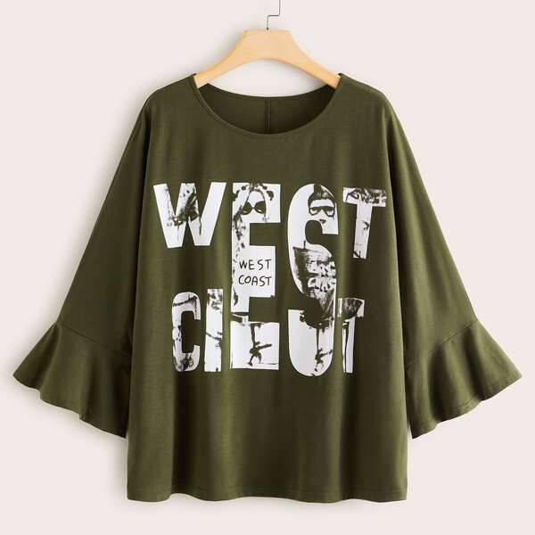 

Plus Letter Print Flounce Sleeve Tee, Army green
