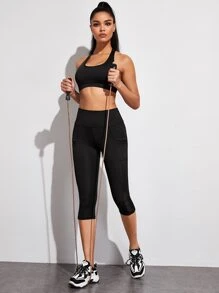 Yoga Trendy Mid-Calf Length Workout Leggings High Stretch Tummy Control Athletic Leggings With Side Phone Pocket