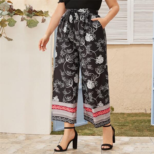 

Plus Floral Print Belted Wide Leg Pants, Black