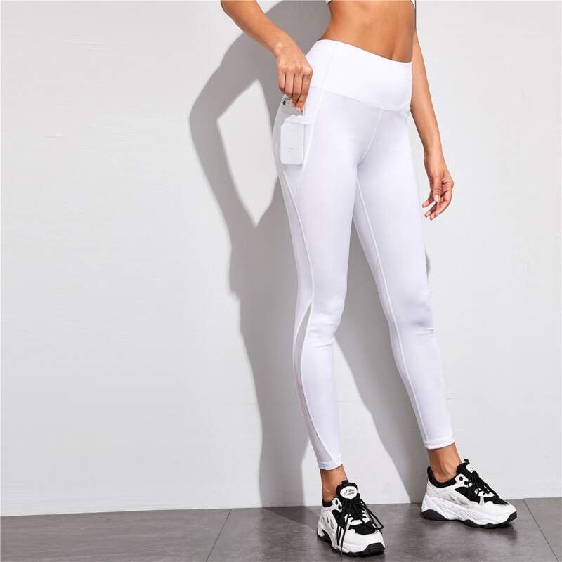

Wide Waistband Sports Leggings With Phone Pocket, White