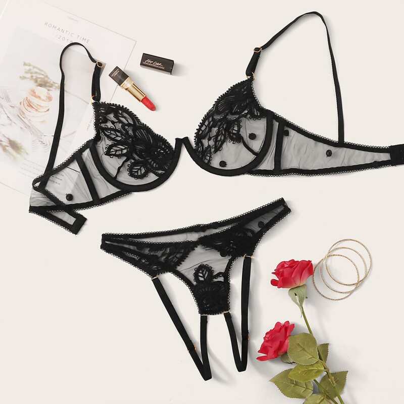 

Floral Embroidery Mesh Underwire Lingerie Set, Black