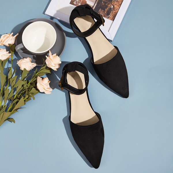 

Point Toe Ankle Strap Suede Flats, Black