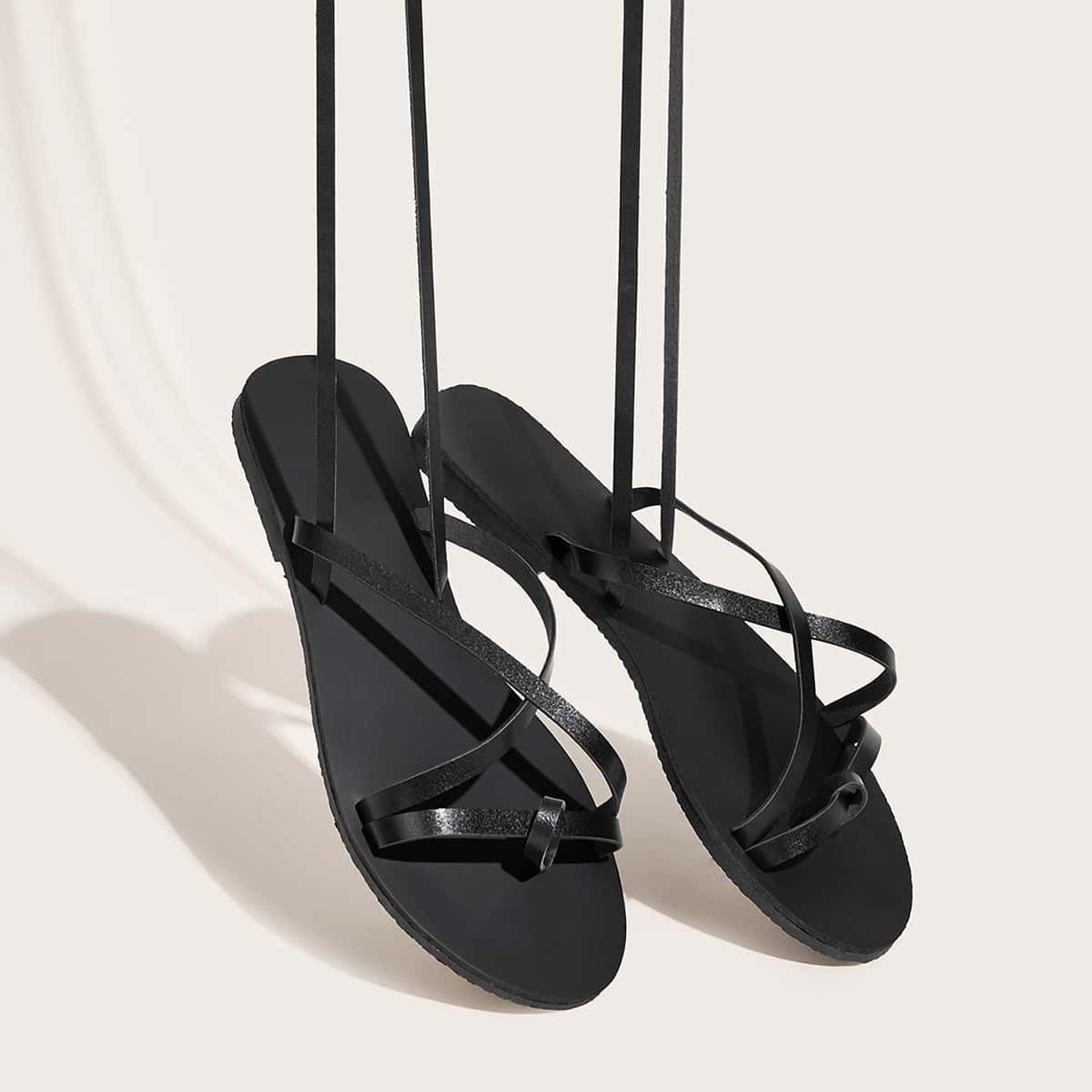 

Toe Post Tie Leg Cross Strap Flat Sandals, Black