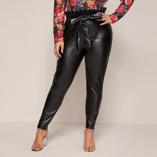

Plus Paperbag Waist Self Belted PU Leather Pants, Black
