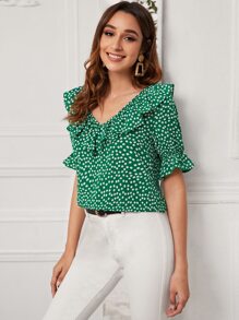 Camisa ribete fruncido de lunares - Verde - Ver 1