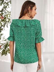 Camisa ribete fruncido de lunares - Verde - Ver 2
