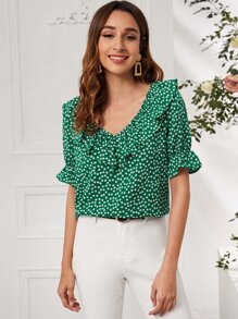 Camisa ribete fruncido de lunares - Verde - Ver 4