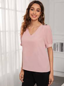 Camisa escote V con diseño de botón unicolor - Rosa - Ver 3