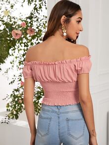 褶邊前繫帶露肩上衣 - 粉色 - 查看 2