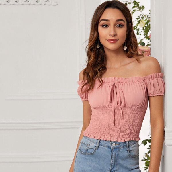 

Frill Trim Tie Front Bardot Top, Pink