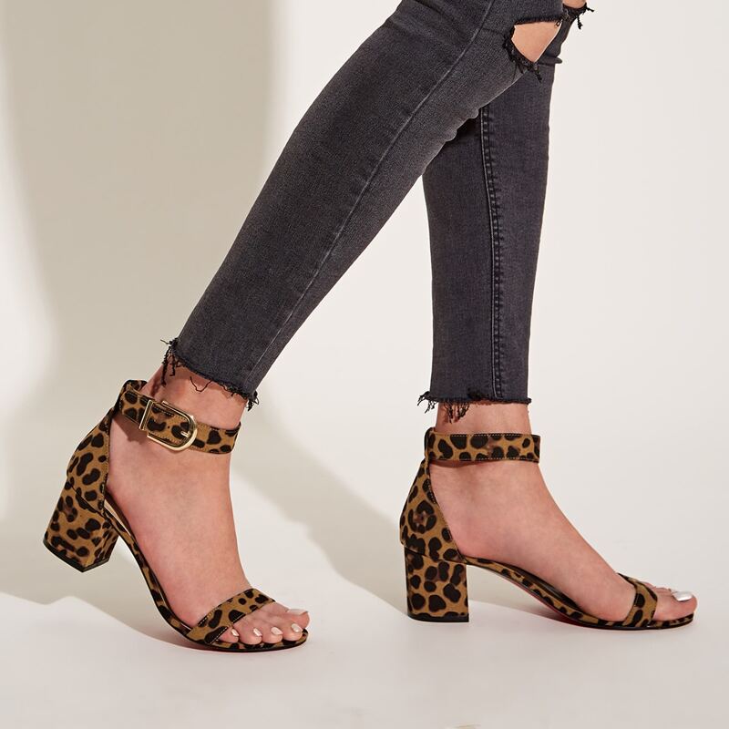 

Leopard Print Ankle Strap Chunky Heels, Brown